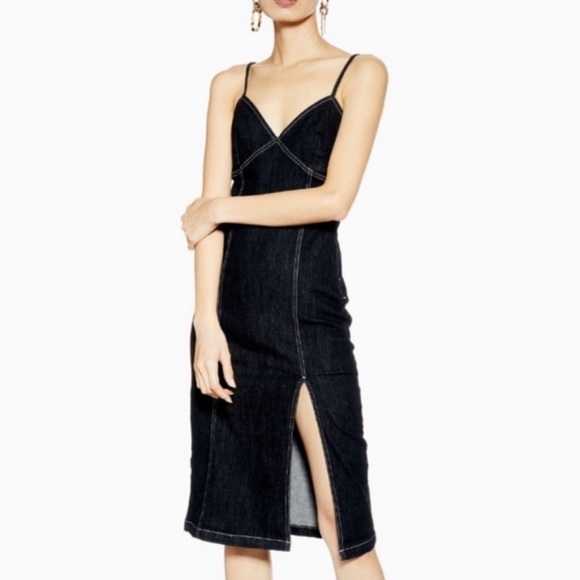 Topshop Black Spaghetti Strap Denim Midi Dress with Slit Front US Size 4 - Picture 1 of 9